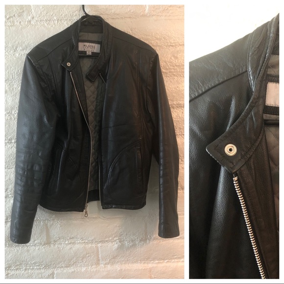 90s Banded Collar Leather Jacket - Picture 1 of 8